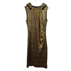 Cache Metallic Gold Holiday Club Dress Embellished Sleeveless Disco Ruched 6